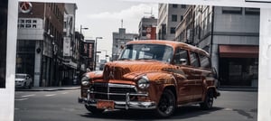 A scene showing a 1954 Apache panel van,body kit, gloss candy apple red, plastic color lowered suspension,  spinning wheels, (tyre smoke), Hot rod chrome style alloy rims, urban scene