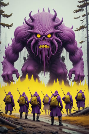 A (massive monster:1.2) looms in the background as a determined squad of militia valiantly charges into the foreground, (eerie, photo by simon stålenhag:1.3), (selective focus, breathtaking:1.4), (motion blur:0.5), high contrast, high saturation, desaturated purple and yellow details, epiCPhoto
