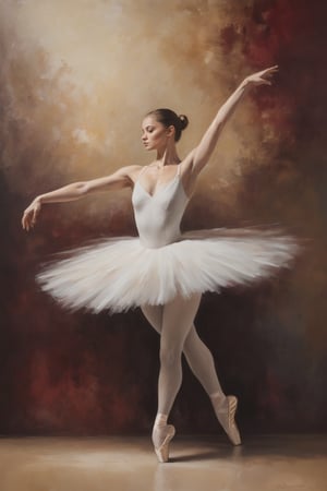 A majestic ballerina assumes an elegant pose, her pure white tutu radiating like a halo against the rich burgundy backdrop, where soft ivory accents whisper subtle warmth. Heavy impasto textures and prominent brushstrokes dance across the canvas, imbuing the scene with tactile depth. The dancer's form is rendered in exquisite detail, showcasing fluid strength as she balances on pointe shoes. Soft chiaroscuro lighting casts dramatic shadows, highlighting the contours and muscle definition of her body, while a minimalist composition underscores the beauty and poise of the ballet pose, suspended in a dreamy haze of golden light.