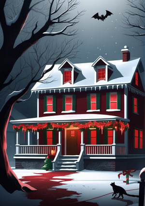 Subject: A chilling scenario unfolds on Christmas Eve, with a sinister and bloody twist.

Setting: A picturesque small town blanketed in snow, its festive decorations clashing with the impending horror.

Action: Unseen malevolence stalks the streets as the joyful celebrations take a dark turn, leaving a trail of crimson in its wake.

Context: In a holiday gone awry, the quaint Christmas spirit becomes a backdrop to a night of terror, where joy transforms into dread.

Environment: The serene snowfall transforms into a canvas for gruesome events, creating a stark contrast to the usual merriment.

Lighting: Cinematic lighting plays with shadows, concealing the true horror until the last shocking moment.

Artist: Drawing inspiration from classic horror movie directors, crafting suspense and fear through visual storytelling.

Style: Capturing the essence of a suspenseful horror movie, with attention to both atmospheric details and gruesome elements.

Medium: A film-style production, utilizing the visual language of cinema to elicit fear and anticipation.

Type: A horror movie scene, with the goal of leaving the audience on the edge of their seats.

Color Scheme: Traditional Christmas colors distorted into darker shades, with red dominating the scene to emphasize the horror.

Computer Graphics: High-quality CGI to enhance the supernatural and terrifying elements, ensuring a visually gripping experience.

Quality: A top-notch horror movie scene that masterfully blends the festive and the macabre, leaving a lasting impact.

Positive Prompt: Cinematic film still, suspenseful low-key lighting, small town covered in snow, Christmas decorations turned ominous, inspired by classic horror directors, blood-red accents, high-quality CGI for supernatural elements, traditional Christmas colors distorted for a sinister atmosphere.