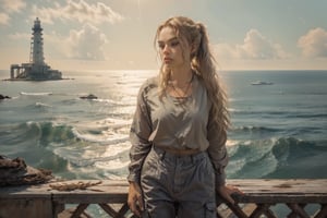 French girl with grey-blonde hair styled in a long ponytail and curly locks stands confidently on the seaside, her loose-fit top and wide cargo pants flowing in the breeze. She wears sneakers and accessories, including a necklace and earrings, as the vivid sea meets the horizon. In the distance, a red lighthouse rises against the breathtaking sunset backdrop. The image is rendered with photorealistic detail, boasting 32k resolution and a high level of fineness. Her beautiful eyes are sharp in focus, capturing the essence of this stunning scene.
