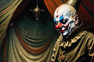 full body,
Within a desolate and decaying circus tent, the faded remnants of joy now corrupted by the terrifying aura of the bald clown.
The bald clown stands ominously, its features warped into a grotesque parody, sending shivers down the spine of any unfortunate observer.

In a world where the circus is a macabre theater of horrors, the bald clown becomes the twisted star of this surreal and chilling spectacle.

The circus tent is tattered and worn, with eerie shadows dancing across the cracked and faded surfaces, amplifying the nightmarish atmosphere.

Harsh and surreal lighting casts deep shadows, accentuating the eerie features of the bald clown, creating a scene that blurs the line between nightmare and reality.

 Drawing inspiration from the macabre brilliance of Zdzisław Beksiński, renowned for his surreal and disturbing artworks.

Executed as an oil painting, the details of the bald clown are meticulously rendered, capturing the horror in every stroke, reminiscent of Beksiński's nightmarish visions.

Utilizing traditional oil painting techniques to bring out the texture and depth in the grotesque portrayal.

A high-definition masterpiece, showcasing the horror in vivid detail, immersing the viewer in the unsettling world of the distorted circus.

Dark and desaturated tones dominate, with sporadic bursts of sickly greens and unsettling purples, enhancing the nightmarish ambiance.

None, relying solely on the artist's hand to convey the terror through traditional artistic methods.
A top-tier artwork with an emphasis on realism and the ability to evoke visceral fear.
Cinematic oil painting still, intense chiaroscuro lighting within a decaying circus tent, close-up of the bald clown's distorted features, Zdzisław Beksiński-inspired masterpiece, high definition, detailed texture, dark and surreal color palette, traditional art medium, capturing the horrifying realism.