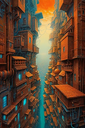 a detailed drawing by MC Escher, shutterstock contest winner, abstract illusionism, ray tracing, ambient occlusion, surrealist, 
Cyborg looming over a sprawling cityscape, Akihiko Yoshida meets HP Lovecraft in this acrylic painting, cybernetic creature dripping squalor and eeriness, towering steampunk behemoth, capturing the bizarre maximalist traits and surreal elements as seen in works by Daniel Merriam, Nikolina Petolas, and Peter Gric, the haunting vibes akin to Beksinski and Giger invade the urban landscape, the piece trending on Artstation with its ultra-clear,aw0k euphoric style