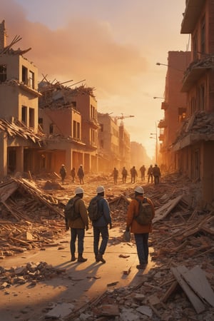 War survivors, urban reconstruction, collaborative rebuilding effort, evening scene, scattered debris, determined faces, soft warm lighting, artist with illustrative skills, digital painting style, realistic yet hopeful, warm color palette, high-quality details, emphasis on resilience.