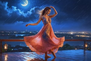  Nighttime, Urban Rooftop, Woman (in a flowing dress), Dancing, Romantic Atmosphere, Rainfall, City Lights in the Background, Soft Moonlight, Digital Art, Impressionistic Style, Photoshop, Digital Painting, High Resolution, Vibrant Color Palette, Subtle Glowing Effects, Moody Ambiance, Skillful Artist, Fine Details, Surreal Feel, Dreamlike Composition.