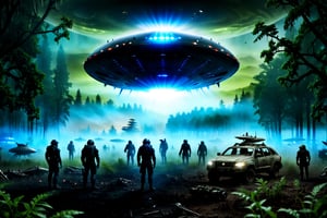 A scene of Black Armed Suvs, Trucks and army men with hi tech future weaponary, gathered in the night surrounding a ((1 Crashed Alien UFO (Flying saucer) on the ground)). in a Field area with trees at night time, 
 and a layer of mist, symmetrical, ,more detail XL,DonMR3mn4ntsXL 