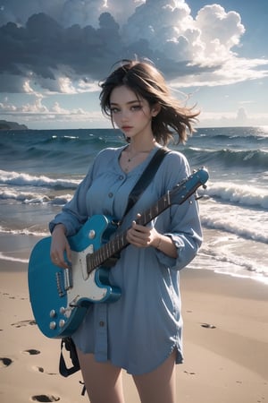 girl standing on a beach with electric guitar, dramatic clouds, blue sky, coastal scene, serene atmosphere, natural colors, stylish outfit, vintage vibes, scenic background, contemplative mood, Best quality, masterpiece, ultra high res, (photorealistic:1.4), 