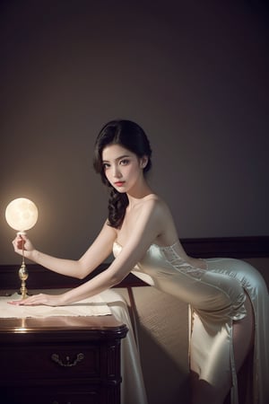 elegant woman, moon prop, artistic pose, vintage aesthetic, ethereal vibe, soft lighting, surreal composition, glamour photography, retro theme, glamorous costume