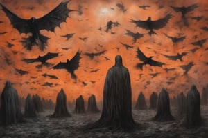 ((The Emperor of Darkness comes down from the sky)). Lovecraft style, Flocks of flying crows, corpses emerging from the ground, Tenebrism, strange, multi-toned orange and black gradient tumultuous sky, dark core, moderately controlled chaos, ghost core, Nicholas Samori