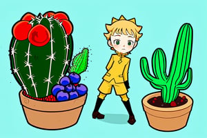 {Little Prince on Planet with Cactus, Berry Style Illustration} , 