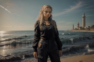 French girl,grey blonde hair(very long hair, curly_hair),long ponytail,hiphop dancer,wearing all black clothes (loose fit top and wide cargo pants),sneakers,accessories(necklace,ear_rings), standing in the sea,horizon,seaside,vivid sea color,red lighthouse,sunset,Best Quality, 32k, photorealistic, ultra-detailed, finely detailed, high resolution, perfect dynamic composition, beautiful detailed eyes, sharp-focus, cowboy_shot, 
