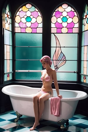 Mermaid in retro bathroom, pastel pink tiles, art deco design, stained glass window, vintage elegance, black mermaid tail, glamorous fantasy, surreal juxtaposition, soft lighting, bathtub setting