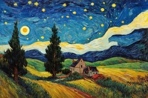 painting of a starry night, swirling stars and sky, bright yellow crescent moon, rolling hills, small village with a church, tall dark cypress trees, post-impressionist art style, inspired by van gogh