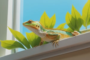 \
 lizard sitting on a window sill, cool green leaves, blooming flowers, fantasy, big details, bright yellow, pastel blue, pastel pink, ocean blue turquoise, bright orange, green, white dominant color palette, Acrylic, Photo, HD, 4k, Sharpness, Realistic, Ultra Wide, Wide Angle, Cinematic, Ambient Light, Bright Border, Edge Emphasis, Contrast, High Resolution, High Contrast, High Detail, High Texture, Surreal High Quality Model, Ultra High Quality, Golden proportions, pseudo detail, pixiv fan box trend, acrylic palette knife, studio style makoto shinkai ghibli genshin impact james gilead greg rutkowski chiho aoshima, watercolor, artstation trend, sharp focus, studio photography, intricate details, ultra detail, Posted by ChiliKiri, Mysterious