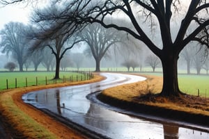 Rural landscape, winter rain, picturesque scene, gentle raindrops, soothing rhythm, leafless trees, silhouettes, delicate droplets, wet earth, contemplative atmosphere, beauty of simplicity, cycle of nature.