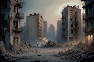 War survivors, urban reconstruction, collaborative rebuilding effort, evening scene, scattered debris, determined faces, soft warm lighting, artist with illustrative skills, digital painting style, realistic yet hopeful, warm color palette, high-quality details, emphasis on resilience.