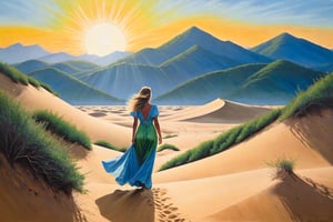  How about a surrealist painting of a female figure standing on a sandy dune, her backside glowing with an ethereal light, as the sun sets behind her. The air is filled with fluttering green leaves and distant blue mountains rise into the horizon.