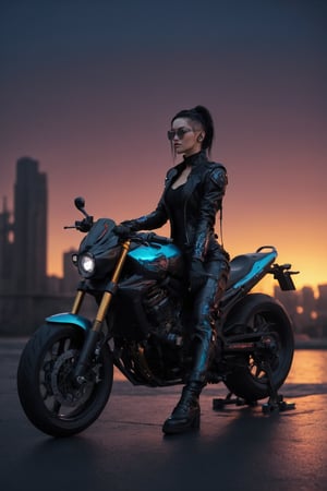 cyberpunk, woman fixing motorcycle, neon colors, futuristic city, black cat, detailed art, shadow play, sunset, leather outfit, intricate tattoos, dynamic pose, moody atmosphere