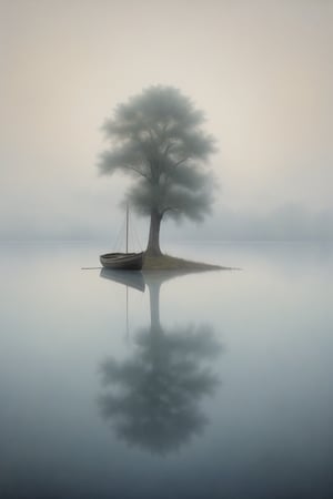 Illustration of a solitary tree standing beside a rustic boat on a misty lake, both embraced by soft hues and diffused lines, suggesting a foggy day, minimalist in approach yet rich with landscape detail, drawing strokes soft and messy in a delicate color palette, evoking a gentle sense of solitude and tranquility, soft colors, diffusion effect, architectural elements of the boat hinting at a historical presence, volumetric, ultra fine