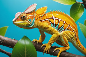 Chameleon sitting on tree branch, rainforest, cool green leaves, blooming flowers, fantasy, big information, bright yellow, pastel blue, pastel pink, ocean blue turquoise, bright orange, green, white dominant color palette, acrylic, photography, HD , 4k, sharpness, realistic, ultra wide, wide angle, cinematic, ambient light, bright border, edge emphasis, contrast, high resolution, high contrast, high detail, high texture, surreal high quality model, ultra high quality, golden ratio, pseudo detail, pixiv fan box trend, acrylic palette knife, studio style Makoto Shinkai Ghibli Kenshin Impact James Gilead Gregg Rutkowski Chiho Aoshima, watercolor, Artstation trend, sharp focus, studio photography, intricate details, ultra-details, Author: ChiliKiri, Mysterious