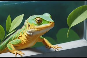 Animation style by Makoto Shinkai Studio, close-up of a lizard sitting on a window sill, cool green leaves, blooming flowers, fantasy, big details, bright yellow, pastel blue, pastel pink, ocean blue turquoise, bright orange, green, white dominant color palette, Acrylic, Photo, HD, 4k, Sharpness, Realistic, Ultra Wide, Wide Angle, Cinematic, Ambient Light, Bright Border, Edge Emphasis, Contrast, High Resolution, High Contrast, High Detail, High Texture, Surreal High Quality Model, Ultra High Quality, Golden proportions, pseudo detail, pixiv fan box trend, acrylic palette knife, studio style makoto shinkai ghibli genshin impact james gilead greg rutkowski chiho aoshima, watercolor, artstation trend, sharp focus, studio photography, intricate details, ultra detail, Posted by ChiliKiri, Mysterious