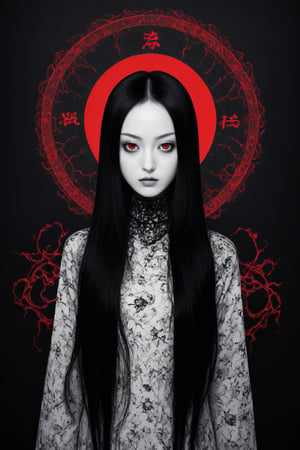  Junji Ito style, inspired horror illustration, ocreepy anime girl, long black hair, red eyes, gothic style, abstract background with red eyes, horror theme, black and white with red accents, intense gaze, unsettling atmosphere, manga art style