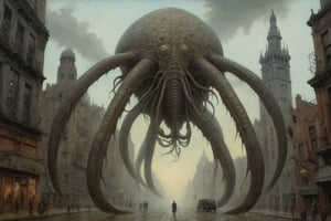 cybernetic creature dominating urban landscape, surreal maximalist details, Akihiko Yoshida meets HP Lovecraft, influences of Daniel Merriam, Nikolina Petolas, Peter Gric, Beksinski, and Giger, eerie and haunting lighting, acrylic painting medium, ultra-clear color scheme, detailed and realistic computer graphics, mesmerizing quality.
