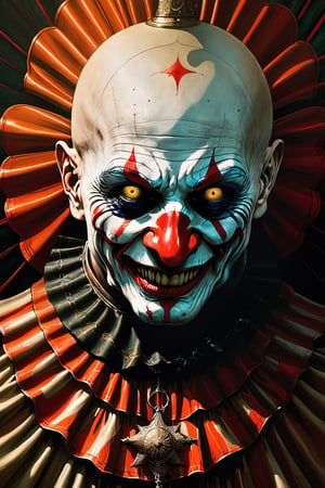 Within a desolate and decaying circus tent, the faded remnants of joy now corrupted by the terrifying aura of the bald clown.
The bald clown stands ominously, its features warped into a grotesque parody, sending shivers down the spine of any unfortunate observer.

In a world where the circus is a macabre theater of horrors, the bald clown becomes the twisted star of this surreal and chilling spectacle.

The circus tent is tattered and worn, with eerie shadows dancing across the cracked and faded surfaces, amplifying the nightmarish atmosphere.

Harsh and surreal lighting casts deep shadows, accentuating the eerie features of the bald clown, creating a scene that blurs the line between nightmare and reality.

 Drawing inspiration from the macabre brilliance of Zdzisław Beksiński, renowned for his surreal and disturbing artworks.

Executed as an oil painting, the details of the bald clown are meticulously rendered, capturing the horror in every stroke, reminiscent of Beksiński's nightmarish visions.

Utilizing traditional oil painting techniques to bring out the texture and depth in the grotesque portrayal.

A high-definition masterpiece, showcasing the horror in vivid detail, immersing the viewer in the unsettling world of the distorted circus.

Dark and desaturated tones dominate, with sporadic bursts of sickly greens and unsettling purples, enhancing the nightmarish ambiance.

None, relying solely on the artist's hand to convey the terror through traditional artistic methods.
A top-tier artwork with an emphasis on realism and the ability to evoke visceral fear.
Cinematic oil painting still, intense chiaroscuro lighting within a decaying circus tent, close-up of the bald clown's distorted features, Zdzisław Beksiński-inspired masterpiece, high definition, detailed texture, dark and surreal color palette, traditional art medium, capturing the horrifying realism.