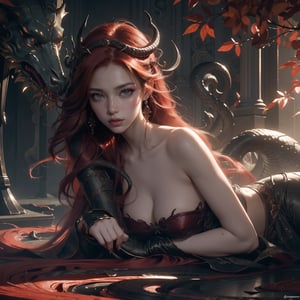 woman with serpent, fantasy artwork, red hair, dramatic lighting, ethereal atmosphere, intimate and mysterious, muted color palette, detailed shading, surrealism, renaissance style, mythical creature, sensual and enigmatic, soft fabric details, delicate expressions, high contrast, art by Gustave Doré, intricate textures, storytelling,