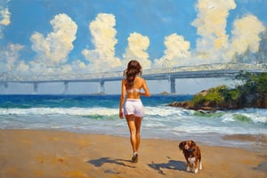 Vivid swirling brushstrokes, impressionist landscape, sea, waves, sandy beach, dynamic sky with clouds, Gwangan Bridge, Busan, girl running with dog in the distance, Van Gogh style, oil painting, expressive movement, nature landscape