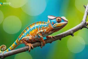 Chameleon sitting on a tree branch, sticking out its tongue, hunting, rainforest, , blooming flowers, fantasy, big information, bright yellow, pastel blue, pastel pink, ocean blue turquoise, bright orange, green, white dominant color palette, acrylic, photography, HD, 4k, sharpness, realistic, ultra wide, wide angle, cinematic, ambient light, bright border, edge highlight, contrast, high resolution, high contrast, high detail, high texture, ultra-realistic high quality model, ultra high quality, golden ratio, pseudo detail. , pixiv fan box trend, acrylic palette knife, studio style Makoto Shinkai Ghibli Kenshin Impact James Gilead Gregg Rutkowski Chiho Aoshima, watercolor, Artstation trend, sharp focus, studio photography, intricate details, ultra-details, Author: ChiliKiri, Mysterious