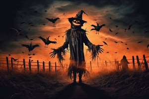 creepy full body scarecrow realistic with hatchet in hand at night foreboding background HD, flock of flying crows, corpses coming out of the ground, tenebrism, strange, multi tonal orange and black gradient tumultuous sky, dark core, moderately controlled chaos, ghost core, Nicolas Samori