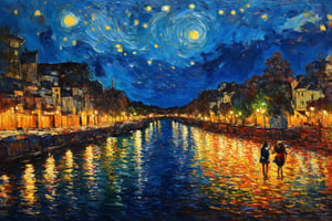 starry night, impressionist painting, city lights reflecting on water, night sky filled with stars, serene riverside, van gogh style, vibrant brushstrokes, couple walking by the water, peaceful evening, starry reflections in river, glowing night lights