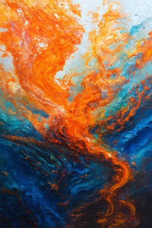 fluid art, abstract marbling, vibrant orange and blue colors, swirling patterns, acrylic paint on canvas, dynamic movement, fiery and aquatic elements, intricate textures, atmospheric effect