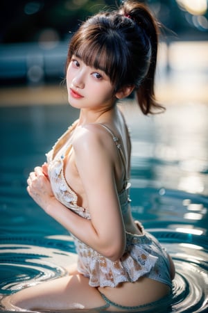 A serene lake's edge at dawn bathes in soft, golden light. A Korean idol, wearing a gleaming one-piece swimsuit, sits solo amidst gentle ripples of water, her brown hair flowing down her back like a river of night. Her striking features - prominent breasts and piercing brown eyes - mesmerize as she plays drumsticks with passion, her hands moving in perfect rhythm. The camera frames her from a low angle, emphasizing power and confidence. Water subtly blurs the background, focusing attention on the girl as she masterfully strikes drums, showcasing beauty and talent.