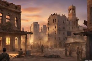 
Victims of war, a war-torn city at dusk, a resilient group of survivors rebuilding, amidst ruins and debris, a somber yet hopeful atmosphere, dim ambient lighting, capturing the essence of resilience and rebuilding, a skilled digital artist, blending realism and stylized elements, digital painting, illustrative style, emotional storytelling, warm color scheme with muted tones, computer graphics with attention to detail, high-quality production, evoking a sense of hope in adversity.