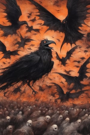 ((The Emperor of Darkness comes down from the sky)). Lovecraft style, Flocks of flying crows, corpses emerging from the ground, Tenebrism, strange, multi-toned orange and black gradient tumultuous sky, dark core, moderately controlled chaos, ghost core, Nicholas Samori