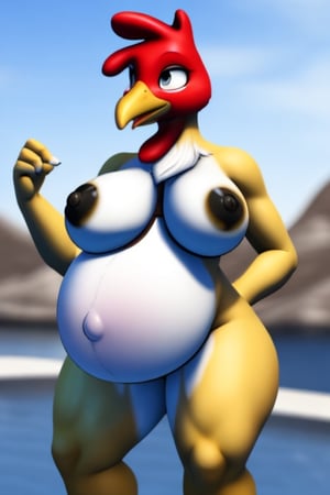 big breasts, anthro, starfishbreasts, EpicArt,FFIXBG, chicken, starfish,3d, starfish in breasts, white nipples, bikini, sagging_breasts, cellulite,pregnant, hyper pregnant,