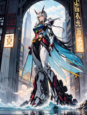 ((masterpiece)), ((best quality)), 8k, high detailed, ultra-detailed, A majestic Chinese-style mech, resembling the Freedom Gundam, standing proudly in a picturesque landscape of mountains and rivers. The mech is adorned with intricate traditional Chinese patterns and colors, exuding a sense of power and dominance. In the background, a cascading waterfall adds a touch of serenity to the scene.
