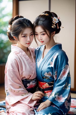 two Japanese lesbian girls having sex in kimonos, sexual poses, semi-naked, masturbating and licking each other, masterpiece, best quality, realistic, ultra highres, depth of field, (detailed face:1.2), (detailed eyes:1.2), (detailed background), (masterpiece:1.2), (ultra detailed), (best quality), intricate, comprehensive cinematic, photography, (gradients), colorful, seductive, visual key, shiny skin,photorealistic skin,hubgwomen, Close-up Pussy