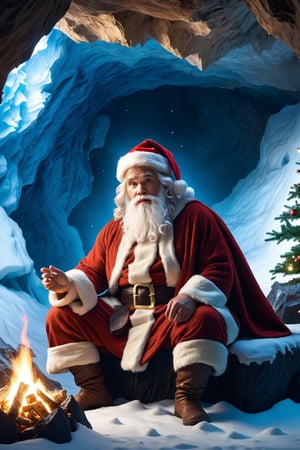 ((a caveman style santa)), sitting on a stone in the cave, using ice magic, bonfire made of stones, christmas,Epic Caves, epic, 8k, high resolution,more detail XL,christmas,SANTA CLAUS