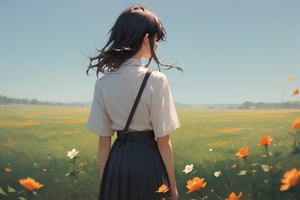 score_9, score_8_up, score_7_up, anime school girl with long black hair, standing in a flower field, back turned