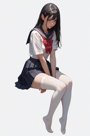 score_9, score_8_up, score_7_up, 1girl, long black hair,school uniform,short skirt, (no shoes), full body, white thighhighs, sitting, (simple white background), 