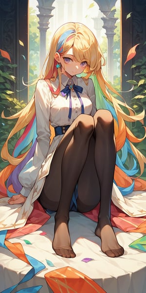 score_9, score_8_up, score_7_up, score_6_up, source_anime, masterpiece, newest, Highly detailed, 1girl, slender, innocent, sitting, arms at sides, long hair, pantyhose, no shoes, colorful hair, blonde hair, White background