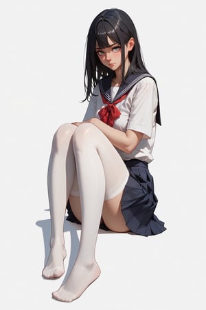 score_9, score_8_up, score_7_up, 1girl, long black hair,school uniform,short skirt, (no shoes), full body, white thighhighs, sitting, (simple white background), 