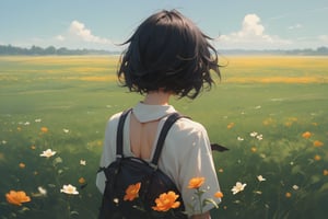 score_9, score_8_up, score_7_up, anime school girl with long black hair, standing in a flower field, back turned