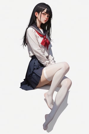 score_9, score_8_up, score_7_up, 1girl, long black hair,school uniform,short skirt, (no shoes), full body, white thighhighs, sitting, (simple white background), 