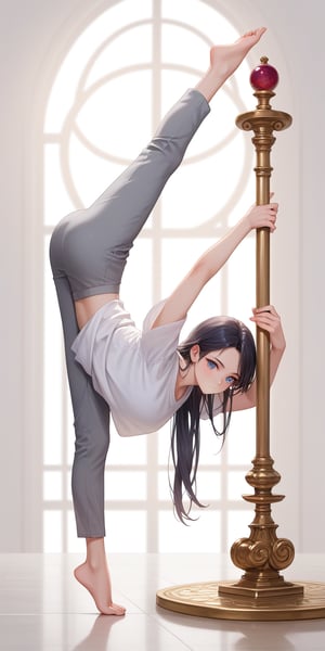 score_9, score_8_up, score_7_up, score_6_up, score_5_up, score_4_up,source_anime,

1 woman, performing a handstand, solo, (30yo), flexible, strong, beautiful detailed eyes, long black hair flowing down her back, white shirt, grey pants, white surface, elegant, balance, determination, detailed background, depth of field, realistic, soft lighting, best quality,masterpiece