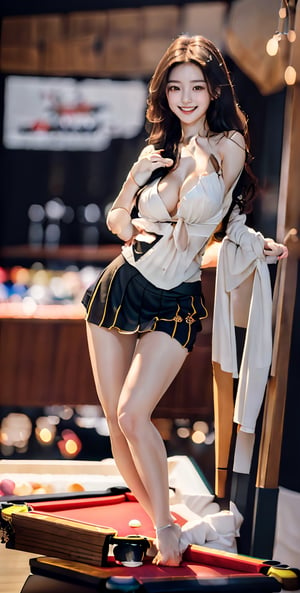 (masterpiece, top quality, best quality,2_girls,Korean, beautiful face, smile, long hair, 27 years old, full body view, billiard_studio, beautiful_breast, seduced_face, billiard_background, seduce_body, short_skirt, billiard player