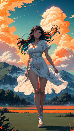 ((masterpiece)), (best quality), (cinematic), a woman in a long white dress, running through an open field, long black hair, bangs, wide hips, full body, blue eyes, freckles on cheeks, wind, detailed face, detailed body, red and orange sky, glow, clouds, vegetation, green plains, floating bubbles, (cinematic, colorful), vast field, (extremely detailed), inspired by Studio Ghibli, EpicSky, cloud, sky, highly detailed, detailed face